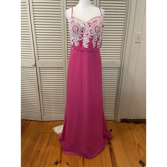 JJ's House Lace Train Covered Buttons Column Sweetheart Hot Pink Gown 14 NWT - Picture 2 of 10